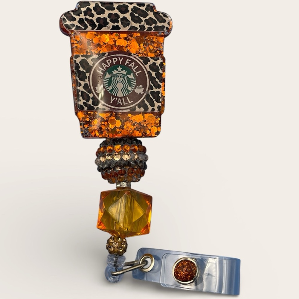 Starbucks Leopard Print Fall Coffee Cup Badge Reel - Orange and Brown